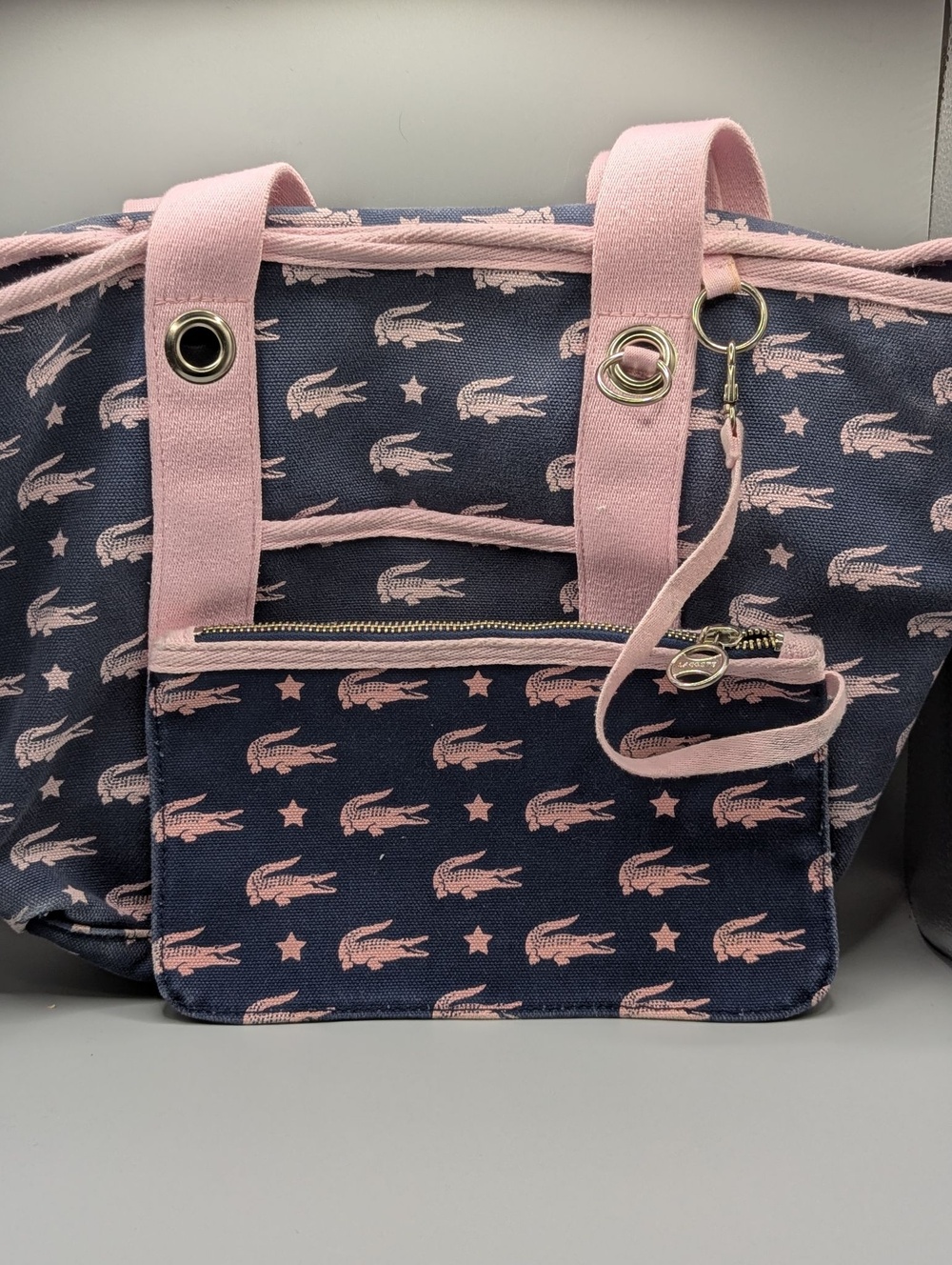 Lacoste Tote Bag Womens Medium Blue Pink Crocodile Star Canvas Removable Pouch